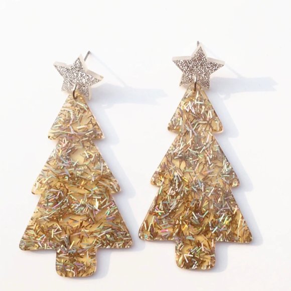 Clear Lucite glitter vintage inspired Christmas tree earrings - Picture 5 of 6